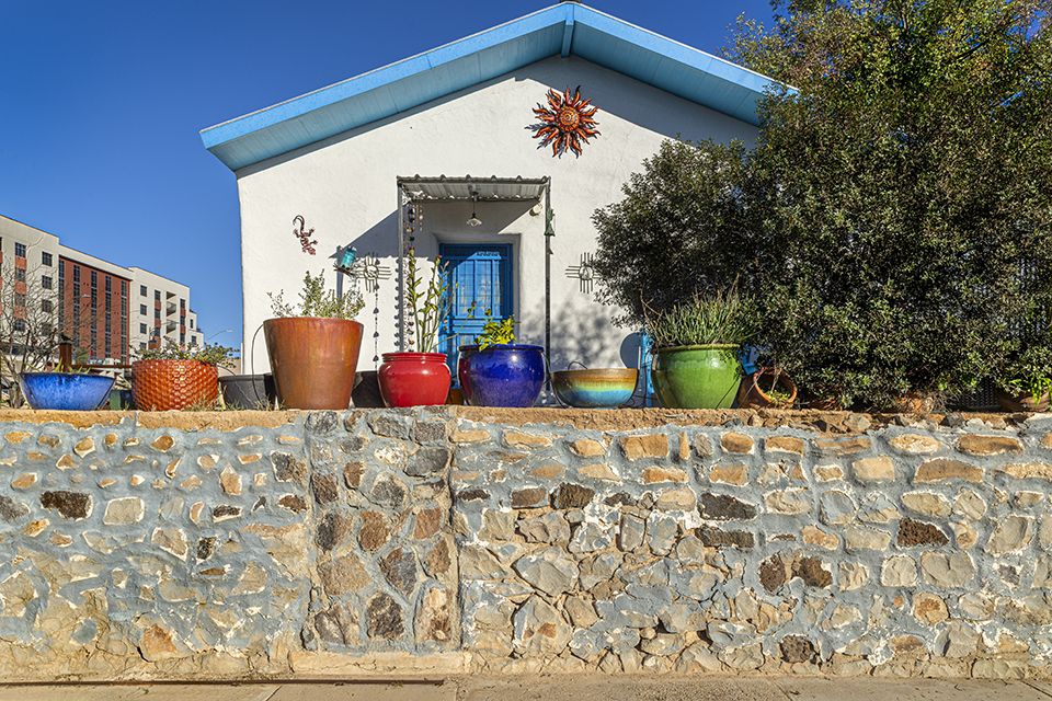 A variety of desert plants in ceramic pots of varying colors are lined up on top a cement and rock fence in Tucson's Barrio Viejo. By Steven Meckler