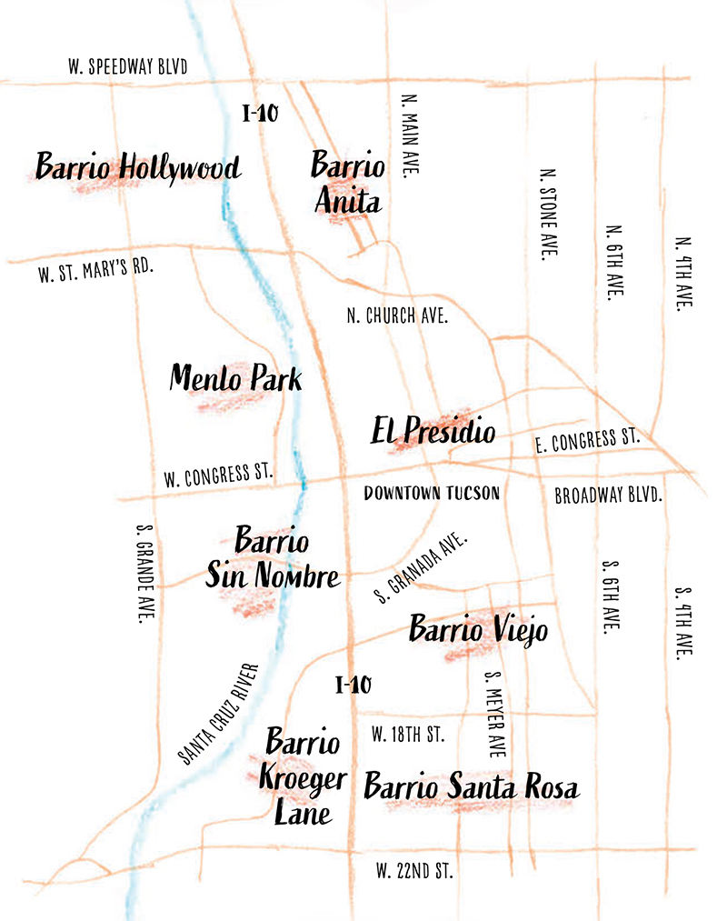 Map of Tucson's barrio district is by Keith Whitney.