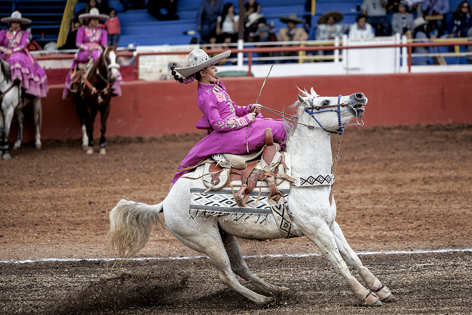 A member of another team, Corazón de Acero, brings her horse to a stop during the Torneo del Desierto competition. Riders spend considerable amounts of money on outfits, saddles and tack, along with owning and caring for their horses. | Adriana Zehbrauskas