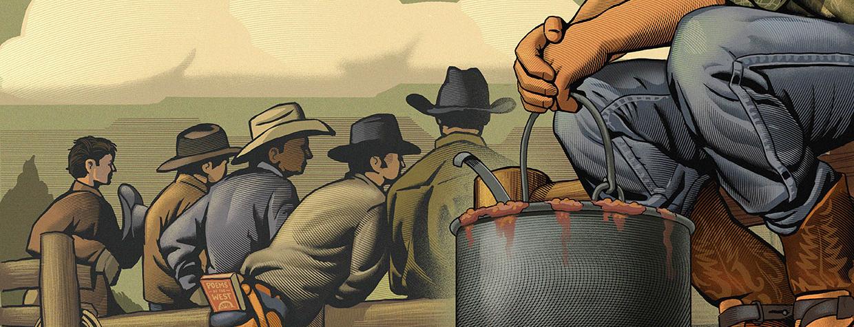 Illustration by Chris Gall of cowboys leaning over corral fence with pot of beans in the foreground..