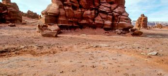 Dinosaur tracks etched in stone lead to layered rock formations in the Painted Desert. By Tom Bean